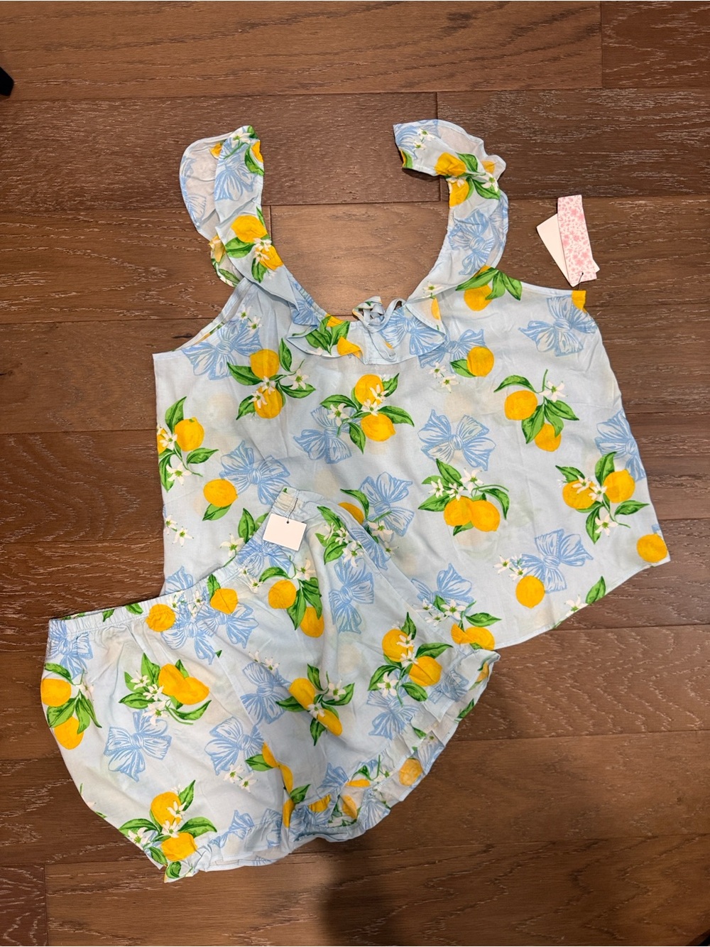40 Winks Lught Blue Lemon-Print Ruffle Strap Pajama Shorts Set